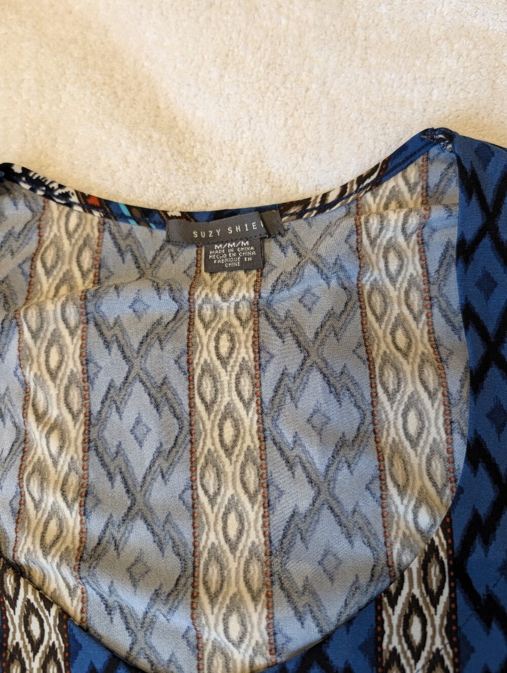 Suzy Shier Boho Geometric Ikat Shift Dress Tunic Bell Sleeve Blue Brown Size M - Picture 6 of 9